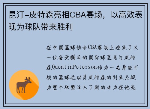 昆汀-皮特森亮相CBA赛场，以高效表现为球队带来胜利
